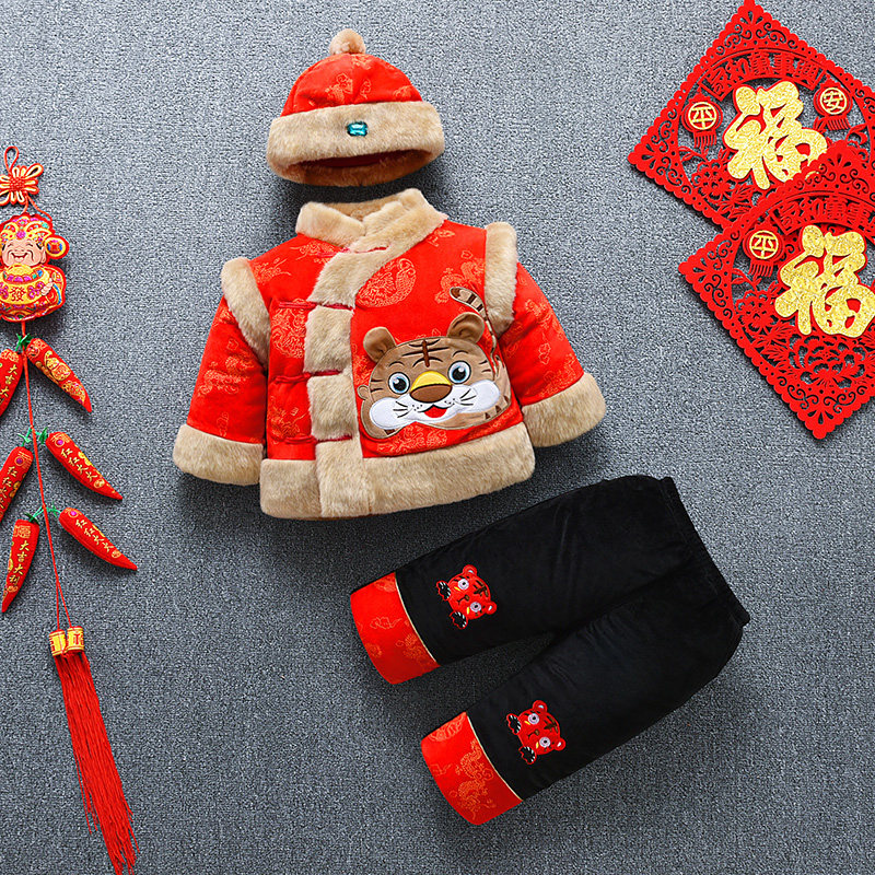 拜年服男童周岁礼服男宝宝婴儿新年过年红色喜庆衣服冬季套装2025