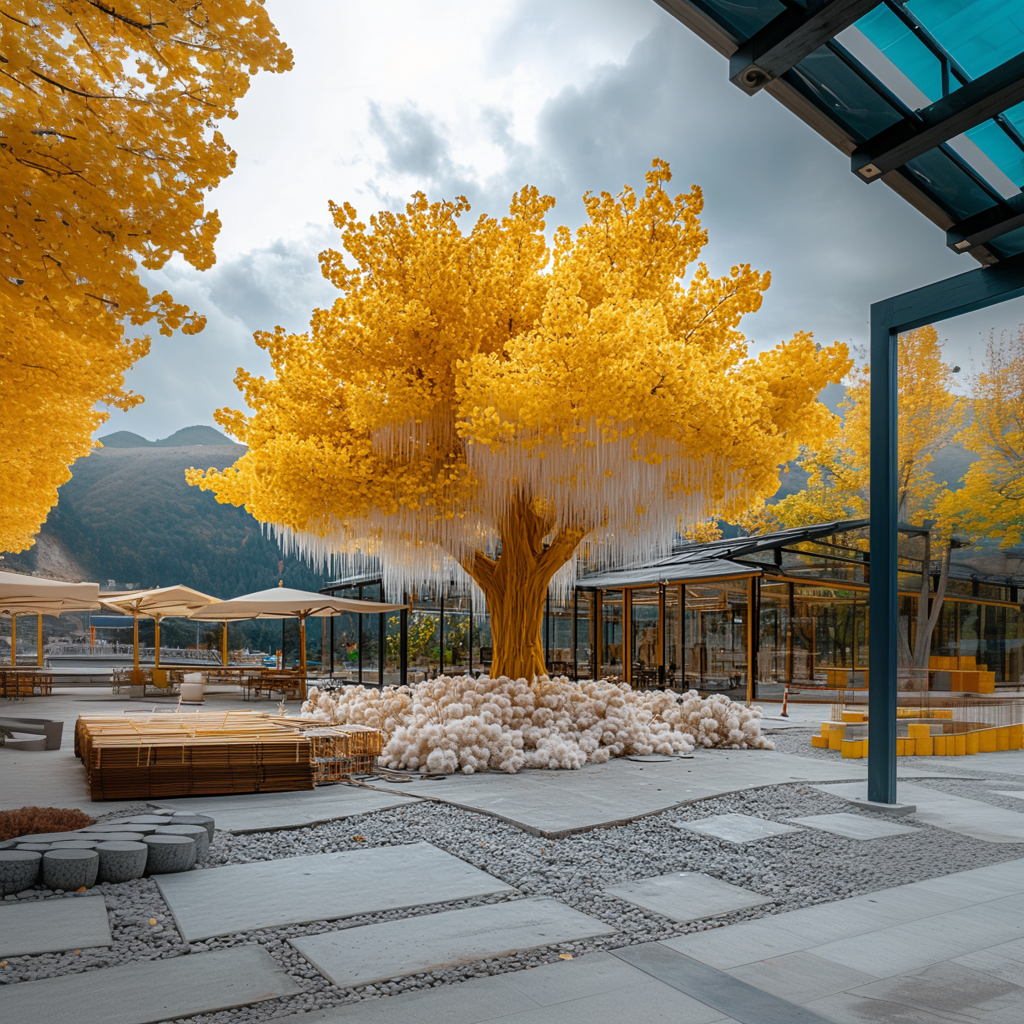 仿真金色大树糖果风网红景观装置艺术户外酒店景点装饰水泥树定做