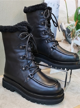 哈森HARSON实体自营包邮2020冬款百搭系带女中靴绒里大棉HA01966