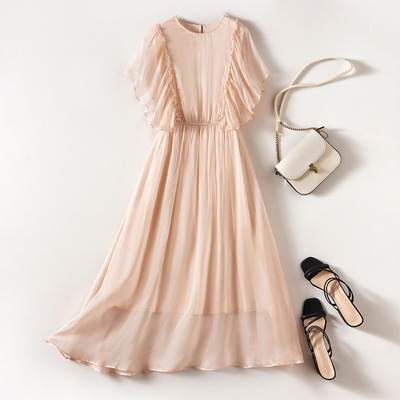 甜美连衣裙飞飞袖女小众纯色长仙女夏季真丝桑蚕丝85016