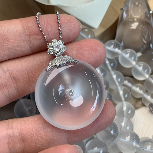 新品纯天然玉石俄冰白冰高冰玻璃种平安扣吊坠项链纯银925