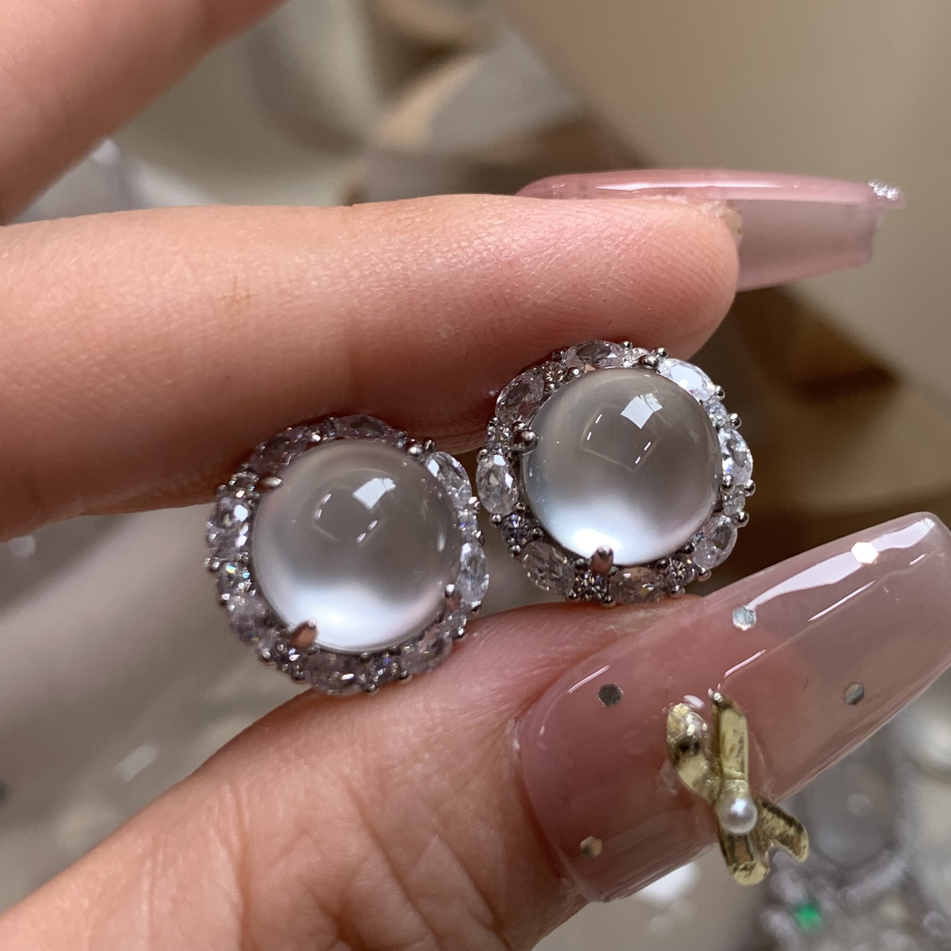 新品纯天然玉石俄冰白冰高冰玻璃种10蓝刚精品刚蛋耳钉耳饰s925银