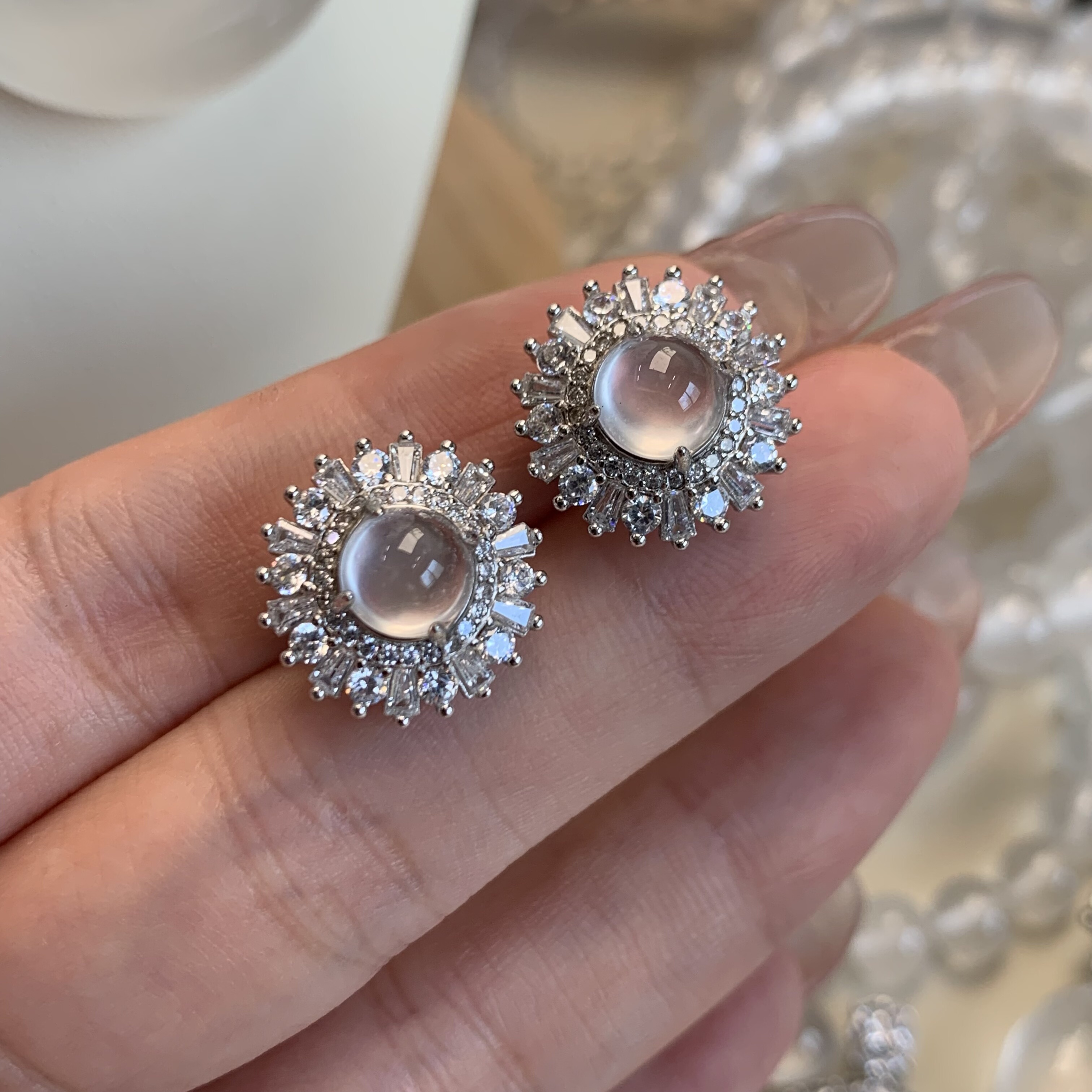 纯天然玉石俄冰白冰高冰玻璃种黑刚卡6刚蛋耳钉耳饰s925银