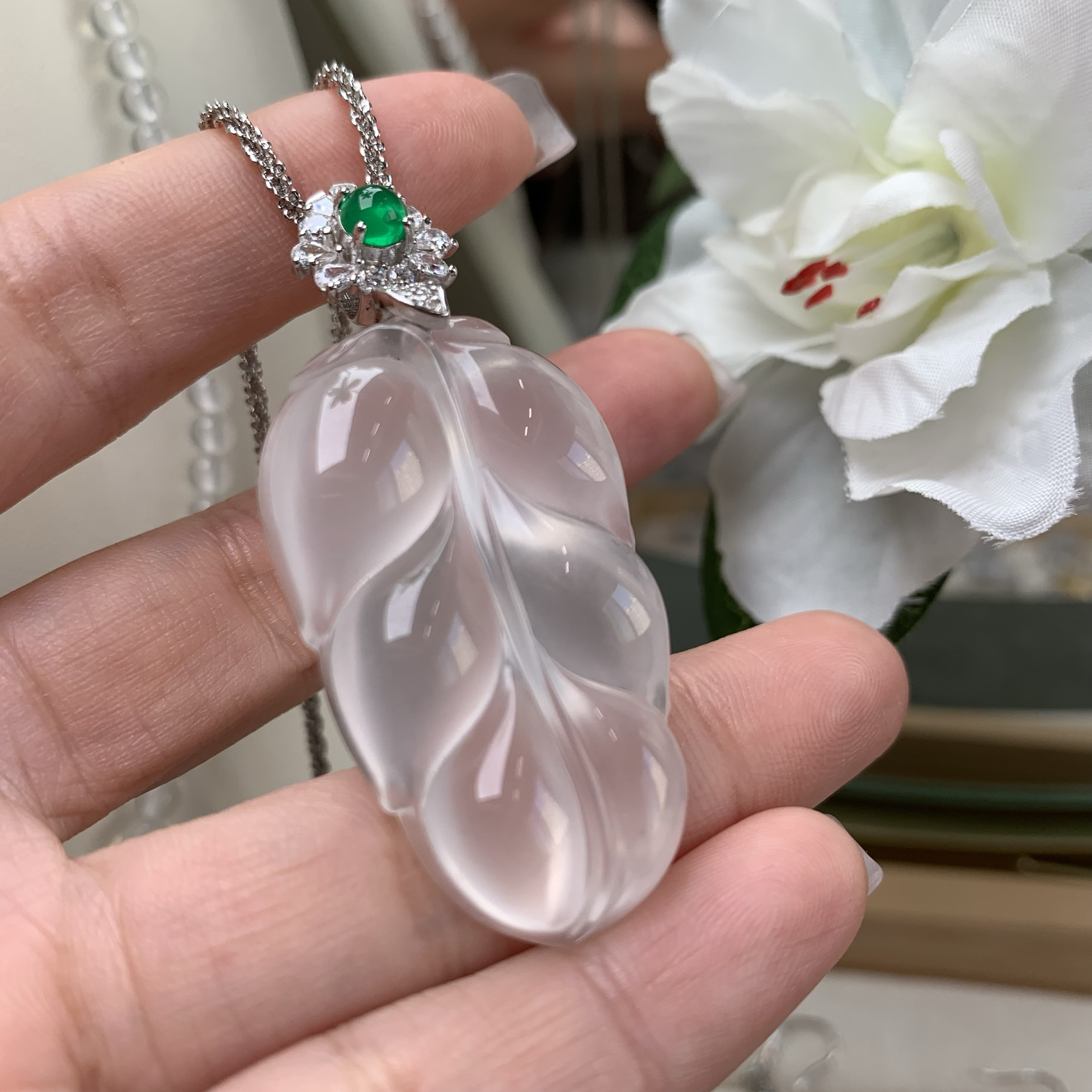 纯天然玉石俄白白冰高冰玻璃种大叶子吊坠项链吊坠项链银925