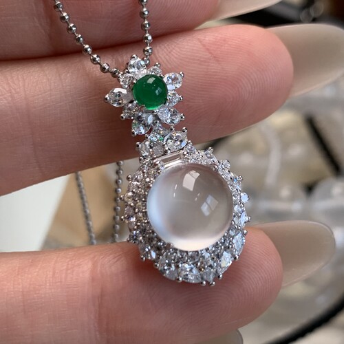 新品纯天然玉石俄冰白冰高冰玻璃种精品黑刚蛋吊坠项链s925银