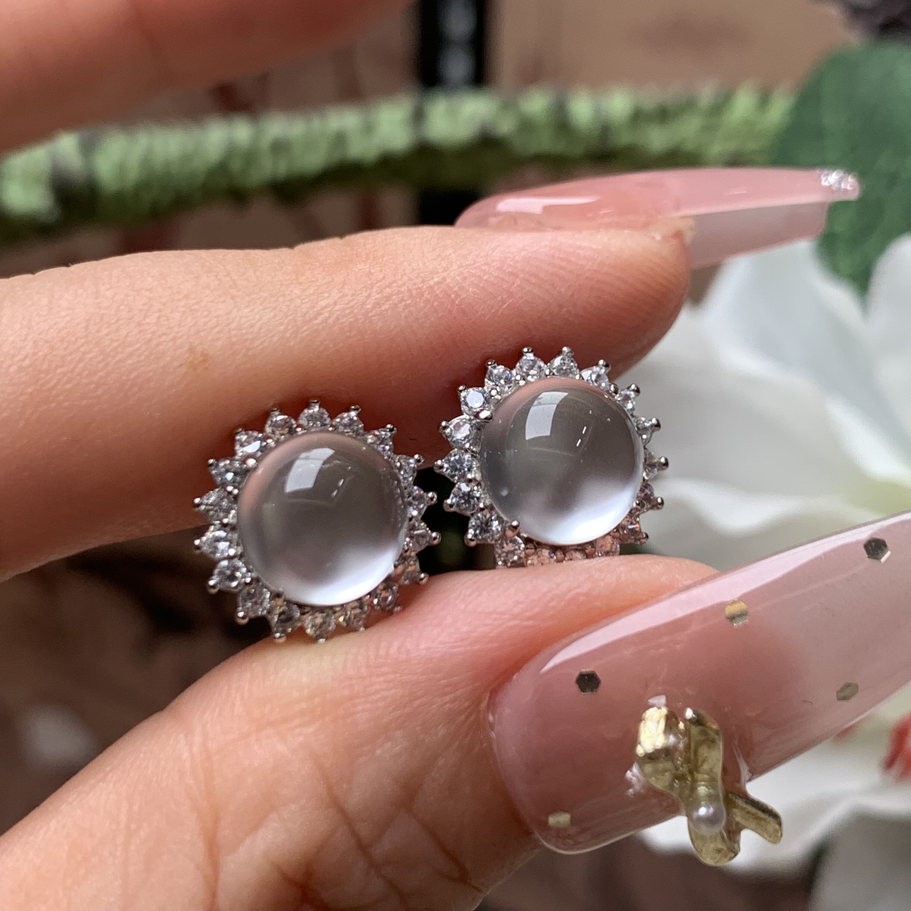 新品纯天然玉石俄冰白冰高冰玻璃种8黑刚精品蛋面耳钉s925银