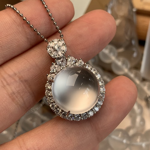 新品纯天然玉石俄冰白冰高冰玻璃种封底刚蛋吊坠项链纯银925