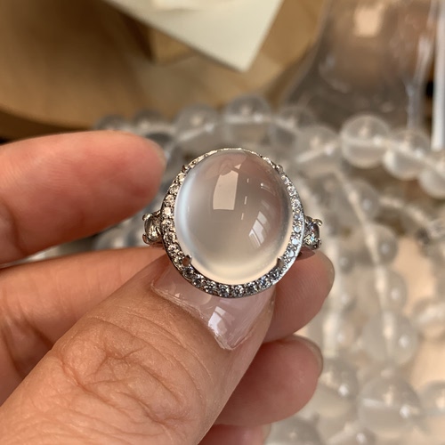 新品纯天然玉石俄冰白冰高冰玻璃种刚蛋戒指纯银925