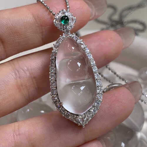 纯天然玉石俄冰白冰高冰玻璃种黑刚福豆定制款吊坠项链s925银