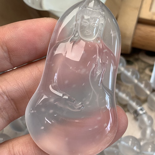 新品纯天然玉石俄冰白冰高冰玻璃种雪花棉观音吊坠项链纯银925