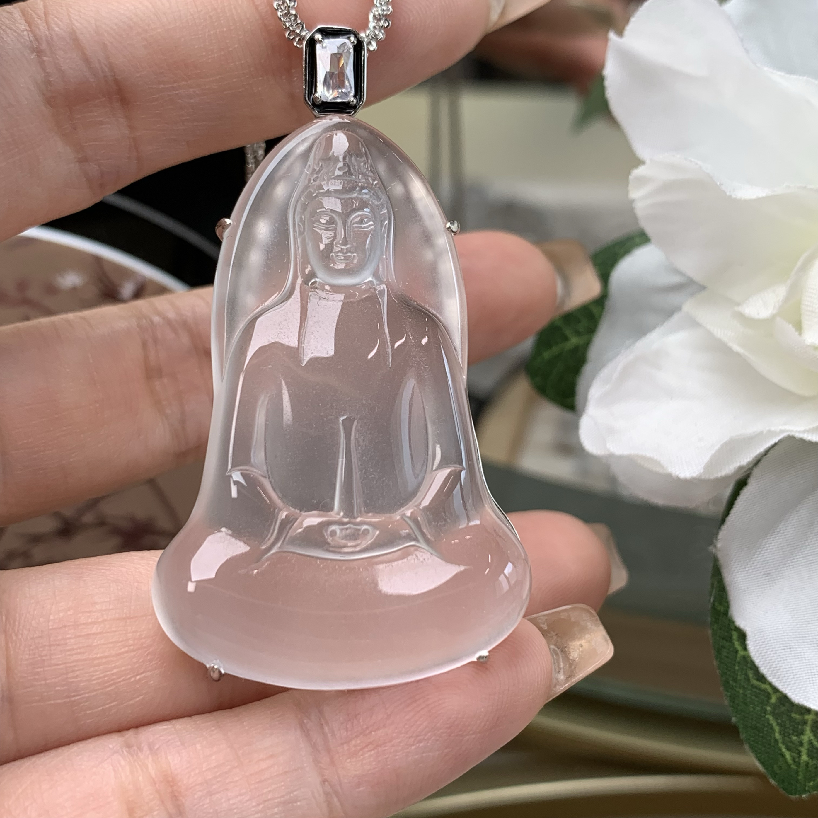 纯天然玉石俄冰白冰高冰玻璃种厚装黑刚素衣观音吊坠项链s925银