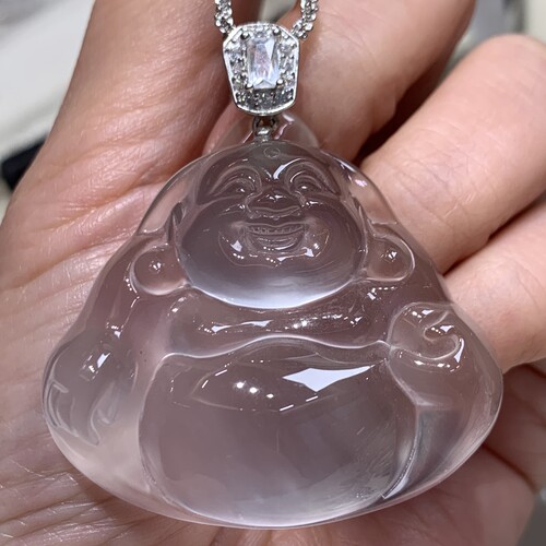新品纯天然玉石俄冰白冰高冰玻璃种黑刚毕业大佛公吊坠银托925