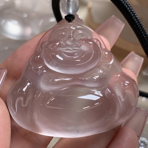 新品纯天然玉石俄冰白冰高冰玻璃种黑刚41厚装大佛公毛衣链吊坠