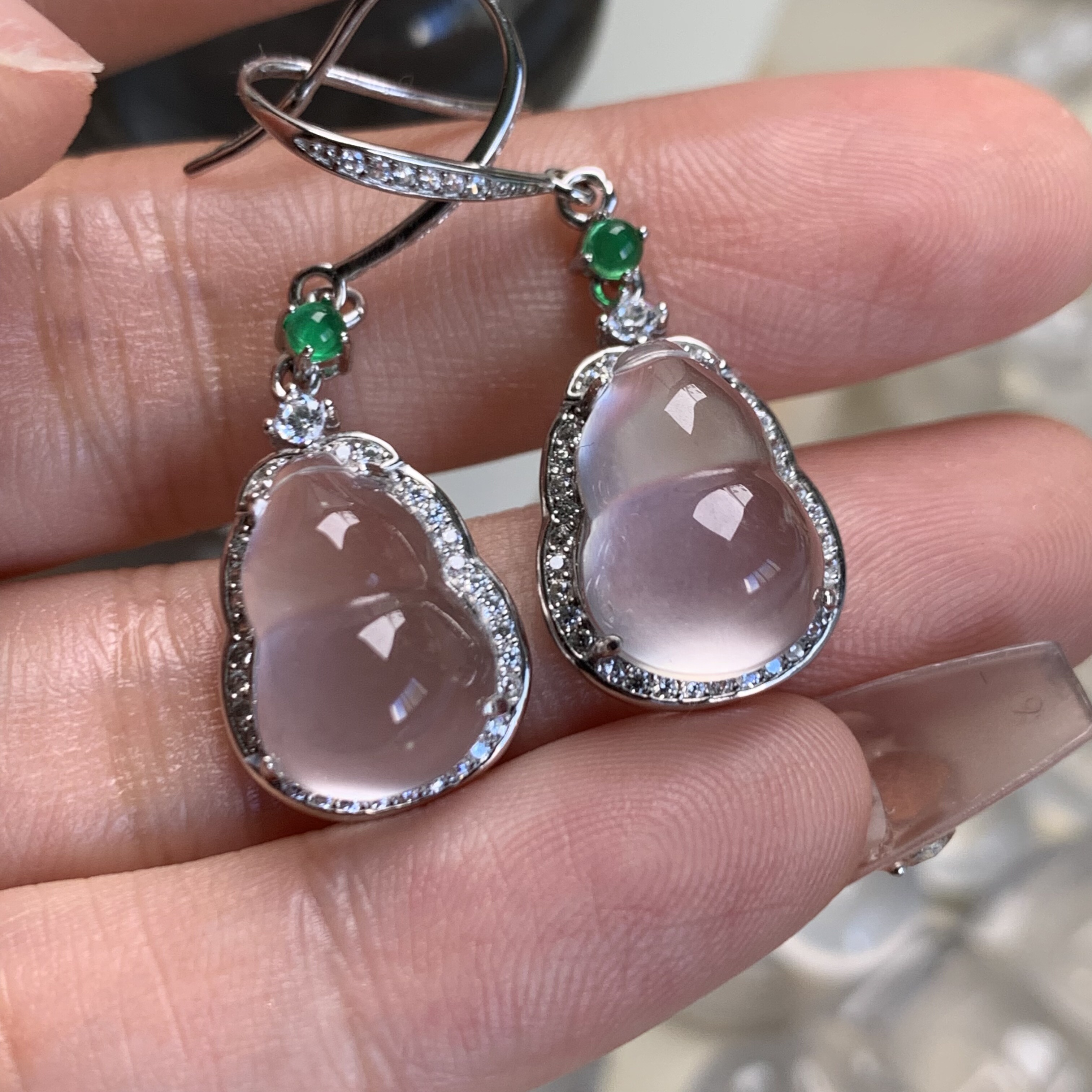 纯天然玉石俄冰白冰高冰玻璃种黑刚胖葫芦耳坠耳勾耳饰s925银