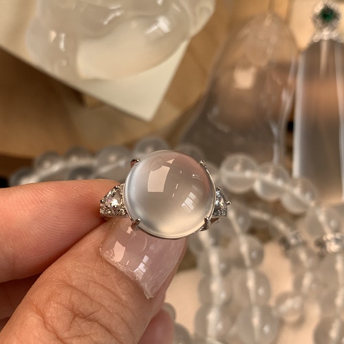 新品纯天然玉石俄冰白冰高冰玻璃种刚蛋戒指活口戒托纯银925