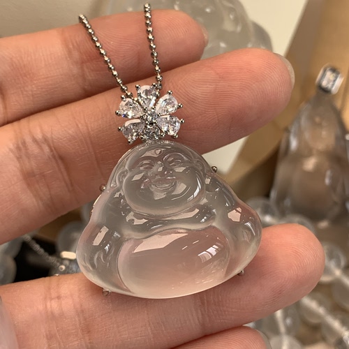 新品纯天然玉石俄冰白冰高冰玻璃种佛公吊坠项链纯银925