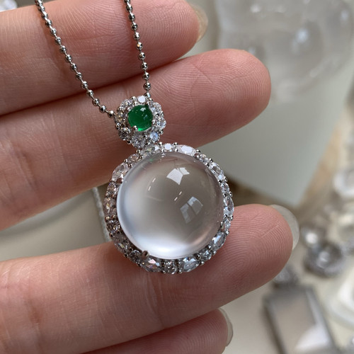 纯天然玉石俄冰白冰高冰玻璃种黑刚蛋面吊坠项链s925银