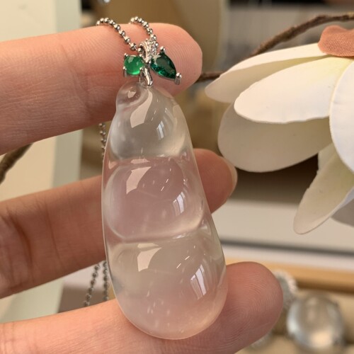 新品纯天然玉石俄冰白冰高冰玻璃种雪花棉大福豆吊坠项链纯银925
