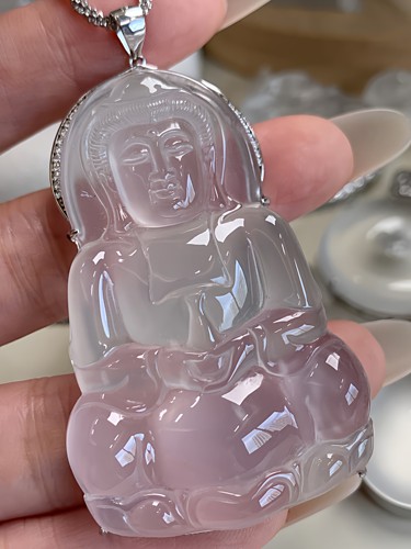 新品纯天然玉石俄冰白冰高冰玻璃种黑刚高货观音吊坠毛衣链银925