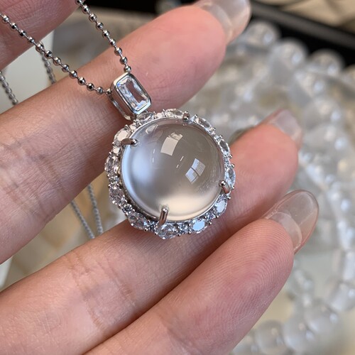 纯天然玉石俄冰白冰高冰玻璃种黑刚15正圆刚蛋公方扣头吊坠s925银