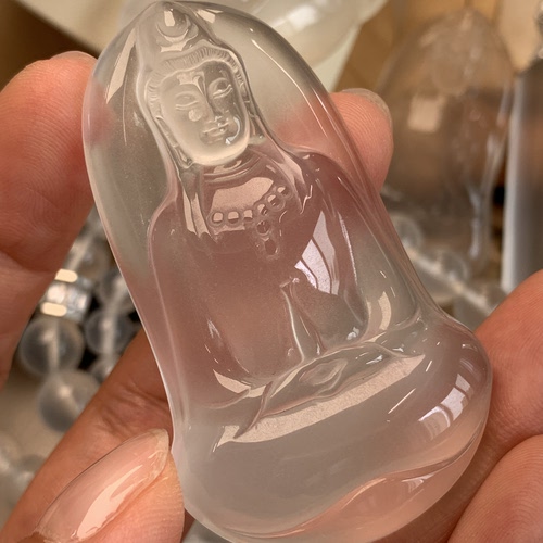 新品纯天然玉石俄冰白冰高冰玻璃种大观音吊坠项链纯银925