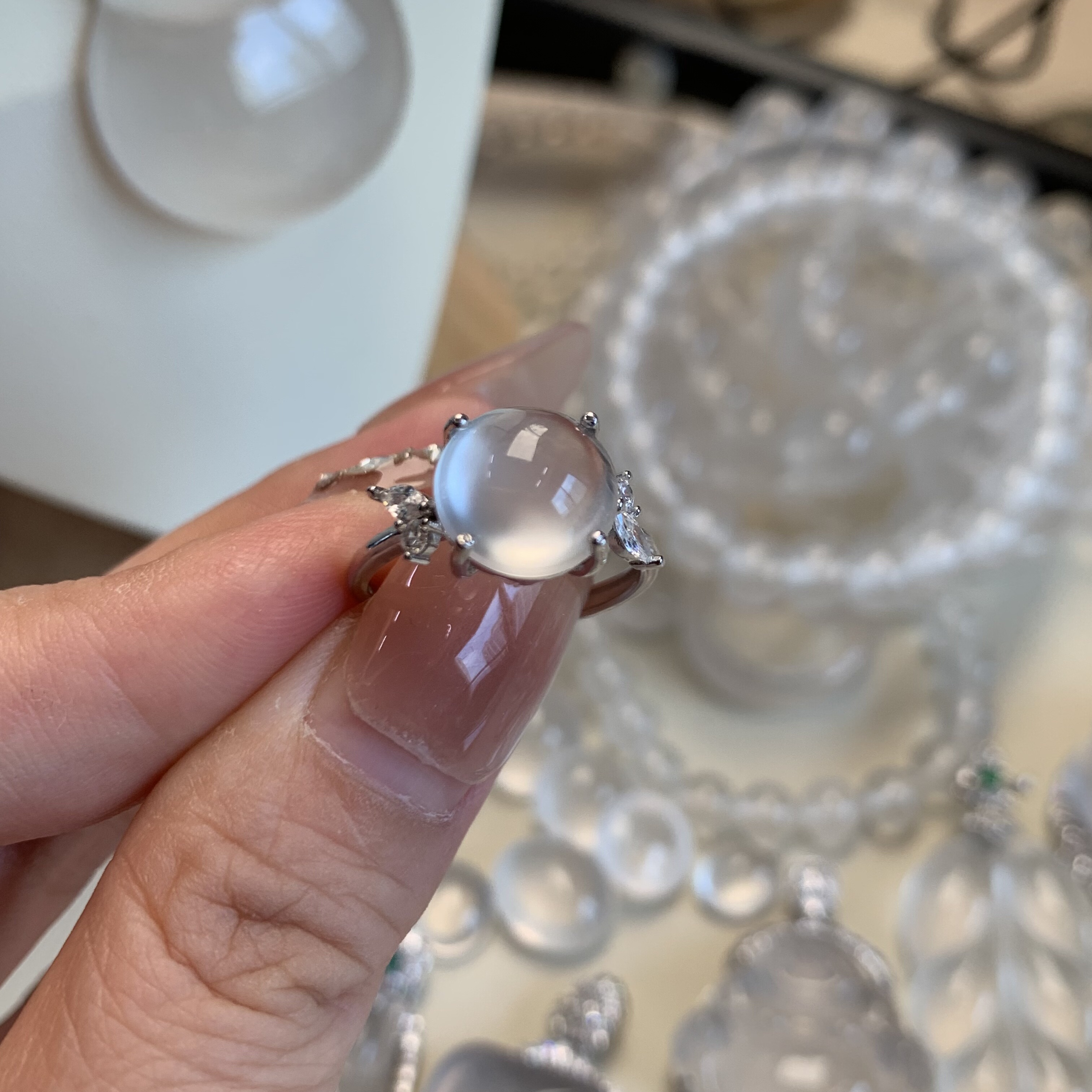 纯天然玉石俄冰白冰高冰玻璃种黑刚卡10刚蛋戒指极简款s925银