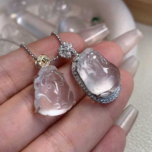 纯天然玉石俄冰白冰高冰玻璃种精品黑刚雪花棉起光貔貅吊坠s925银