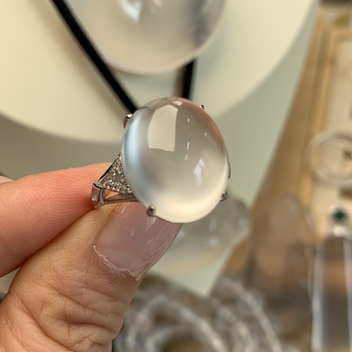 新品纯天然玉石俄冰白冰高冰玻璃种刚蛋戒指活口戒托纯银925