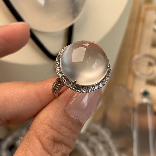 新品纯天然玉石俄冰白冰高冰玻璃种刚蛋戒指活口戒托纯银925