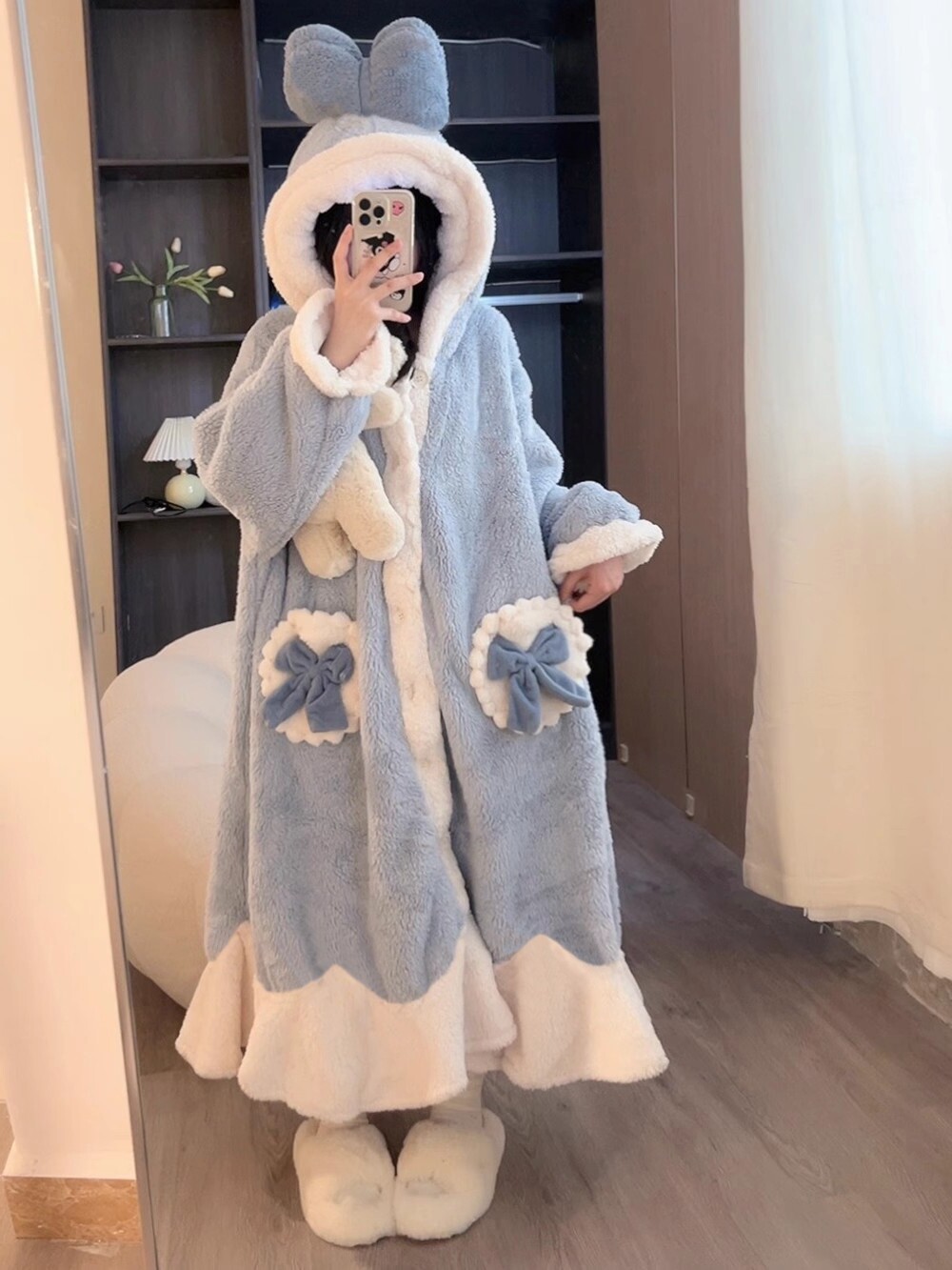 JAPANESE NICHE GP HOODED CORAL VELVET PAJAMAS WINTER WOMENS DRESSING GOWNS AUTUMN AND WINTER NEW THICKENED PLUS SIZE LOUNGEWEAR