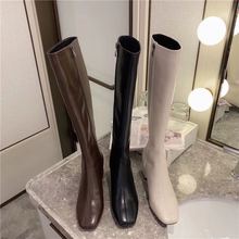 新款 长筒靴女不过膝盖2021冬季 平头高跟粗跟女靴白色漆皮长靴高筒