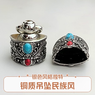 纯铜虎头套挂件复古项链三面虎头猪牙专用套藏银镶嵌手工吊坠