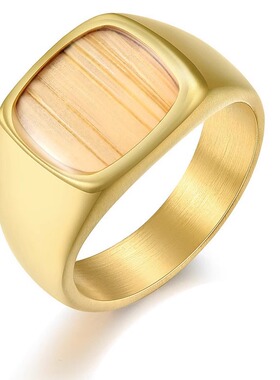 欧美街头潮范钛钢镀18K金镶嵌木皮潮男戒指环 方形镶木纹大号扳指