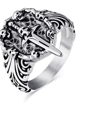 跨境欧美复古风骷髅头圣剑钛钢戒指环男士个性时尚暗黑不锈钢饰品