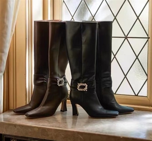 不负期待!her娘娘牌纯元 复古超闪水晶搭扣高跟及膝长靴百搭气质