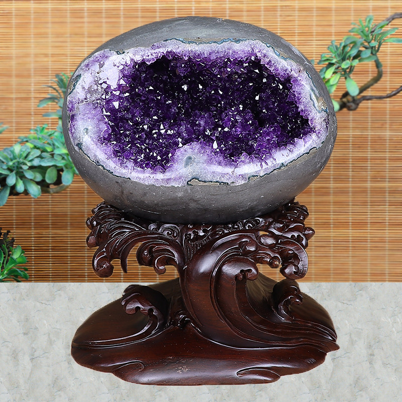 天然紫水晶钱袋子乌拉圭恐龙蛋玛瑙水晶洞聚宝盆原石风水摆件