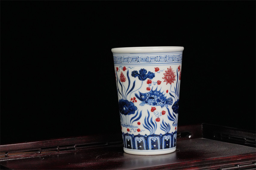 岚溪草堂景德镇纯手工青花釉里红原矿鱼藻大可乐杯 鱼藻可乐杯