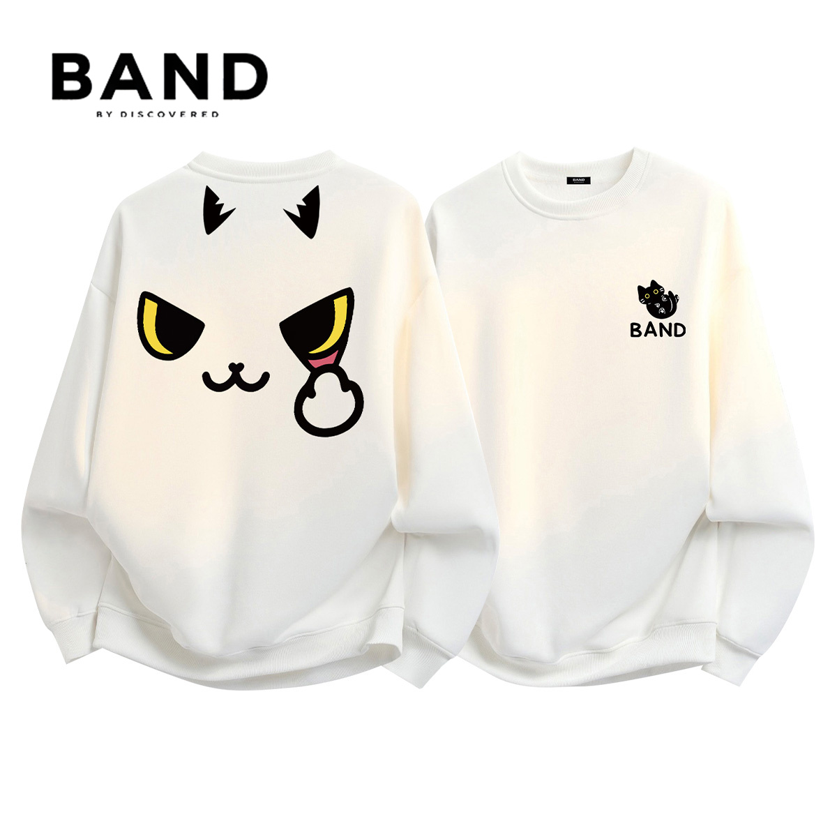 BAND BY DISCOVERED美式秋冬男鬼脸猫咪圆领套头宽松卫衣情侣上衣