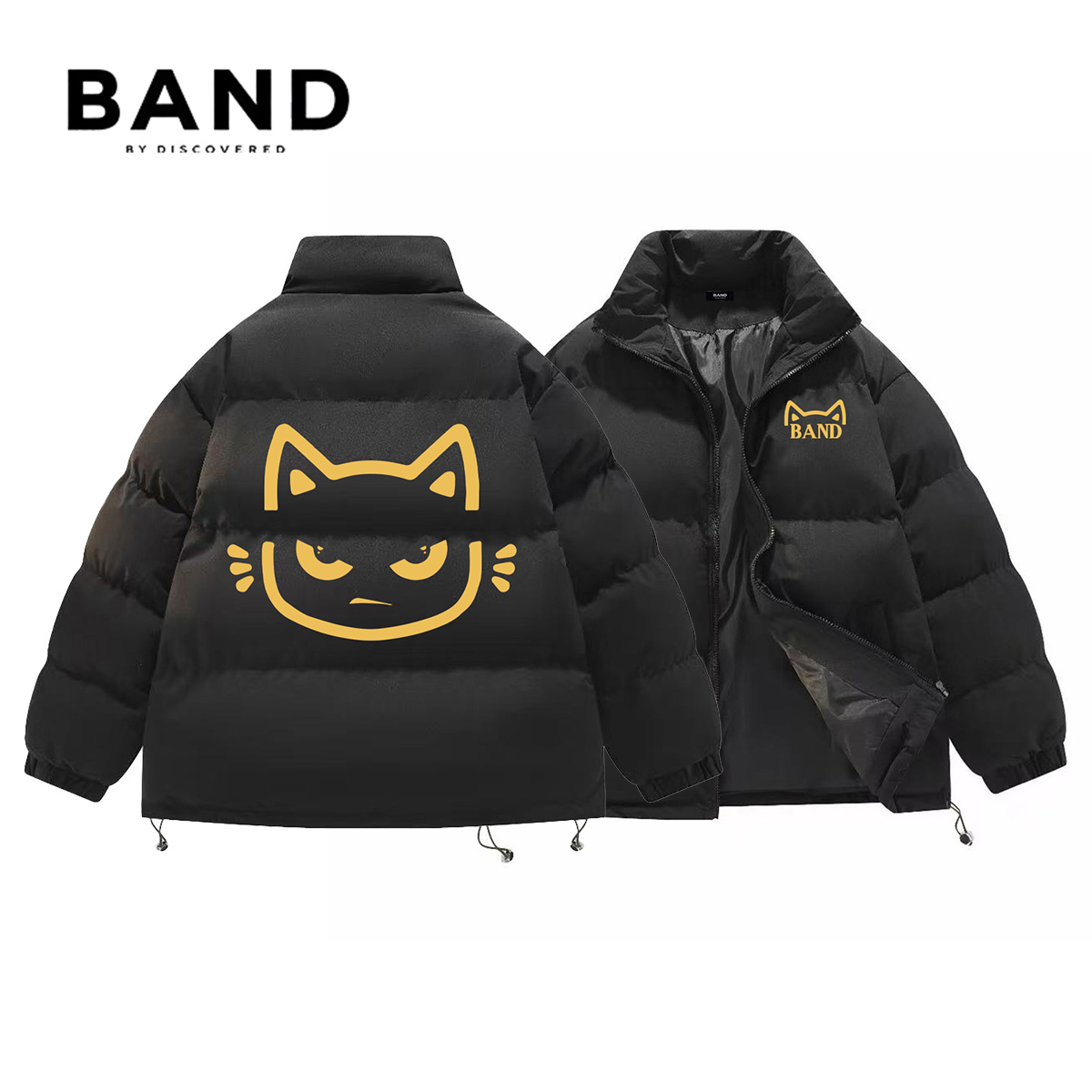 BAND BY DISCOVERED秋冬美式男潮牌鱼骨小猫棉衣情侣保暖宽松棉服