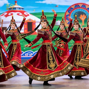 出租新款蒙古族乌兰牧歌舞蹈服女成人演出服饰民族风长裙红色金边