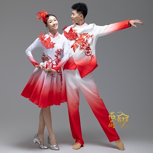 出租华彩东方男女开场舞喜庆快板红色歌伴舞裙打鼓开场舞演出服装