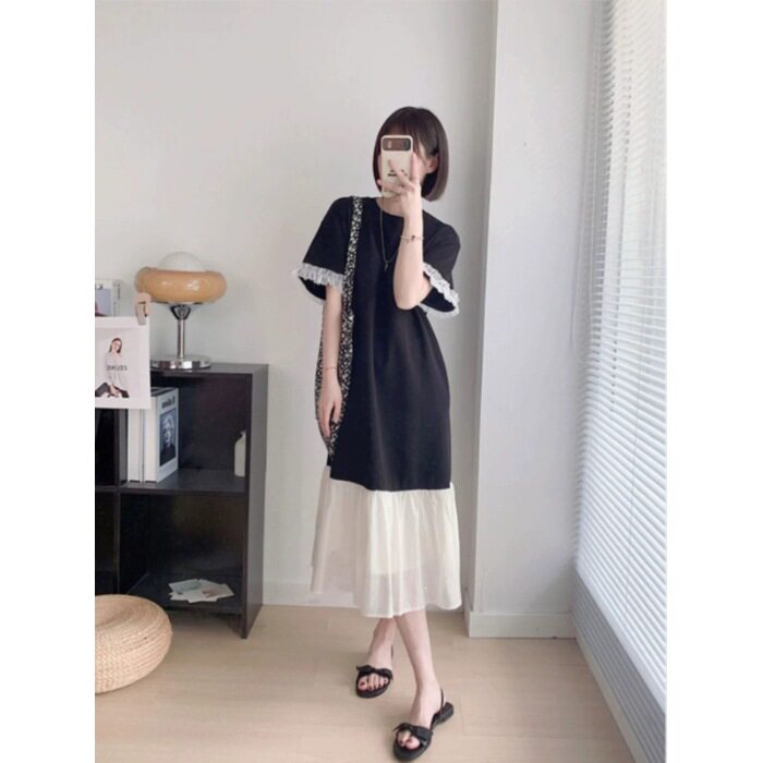 夏季黑色宽松显瘦过膝连衣裙