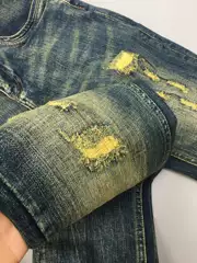 Vintage Ripped Jeans for Men, Trendy Versatile Slim Fit Straight Leg Distressed Patched American Style Vintage Blue Long Pants