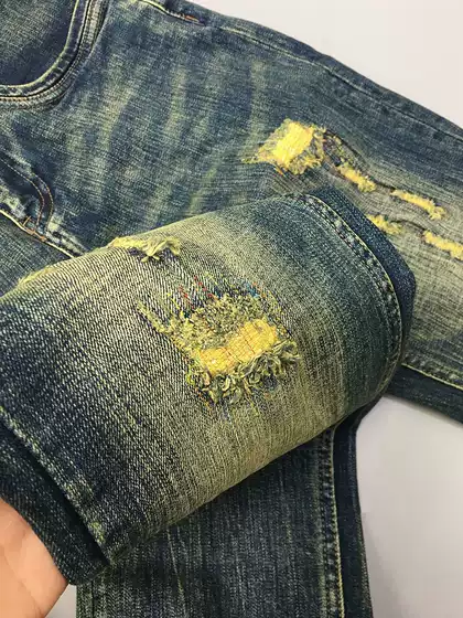 Vintage Ripped Jeans for Men, Trendy Versatile Slim Fit Straight Leg Distressed Patched American Style Vintage Blue Long Pants