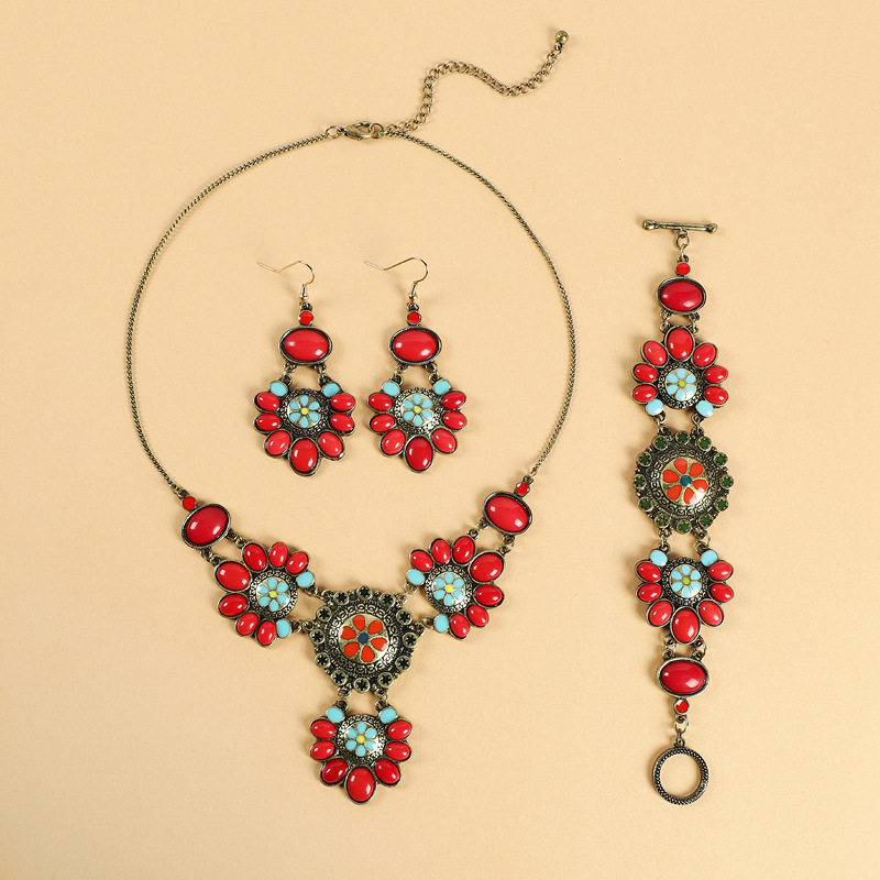 唯美小众设计红色花朵项链古韵宫廷风气质手链波西米亚耳环套装女