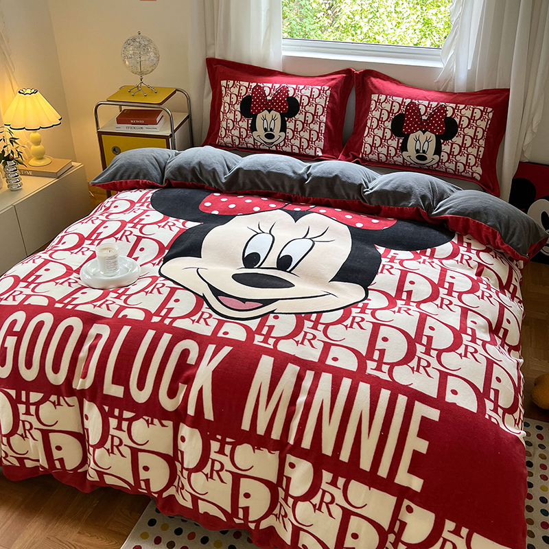 迪士尼卡通米妮牛奶绒四件套双面珊瑚绒加厚法兰绒被套床笠冬季款