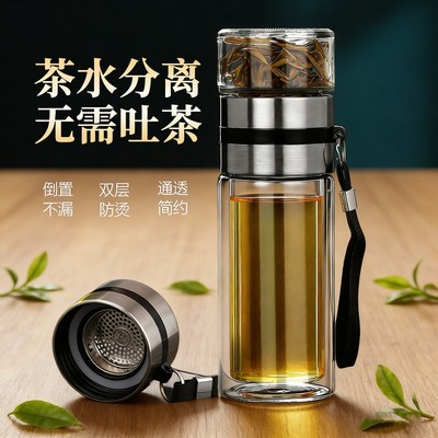 新款钢化玻璃水茶杯防摔耐高温食品级保温泡茶双层分离高端男士