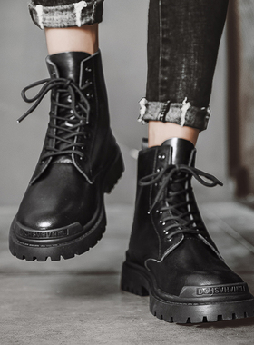 黑色马丁靴男高帮百搭靴英伦潮流中帮真皮鞋子男加绒保暖棉鞋雪地