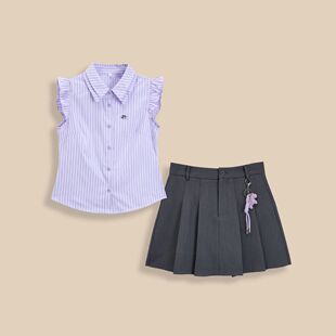 韩系学院风无袖条纹衬衫 高腰灰色百褶裙套装 温柔系减龄少女感
