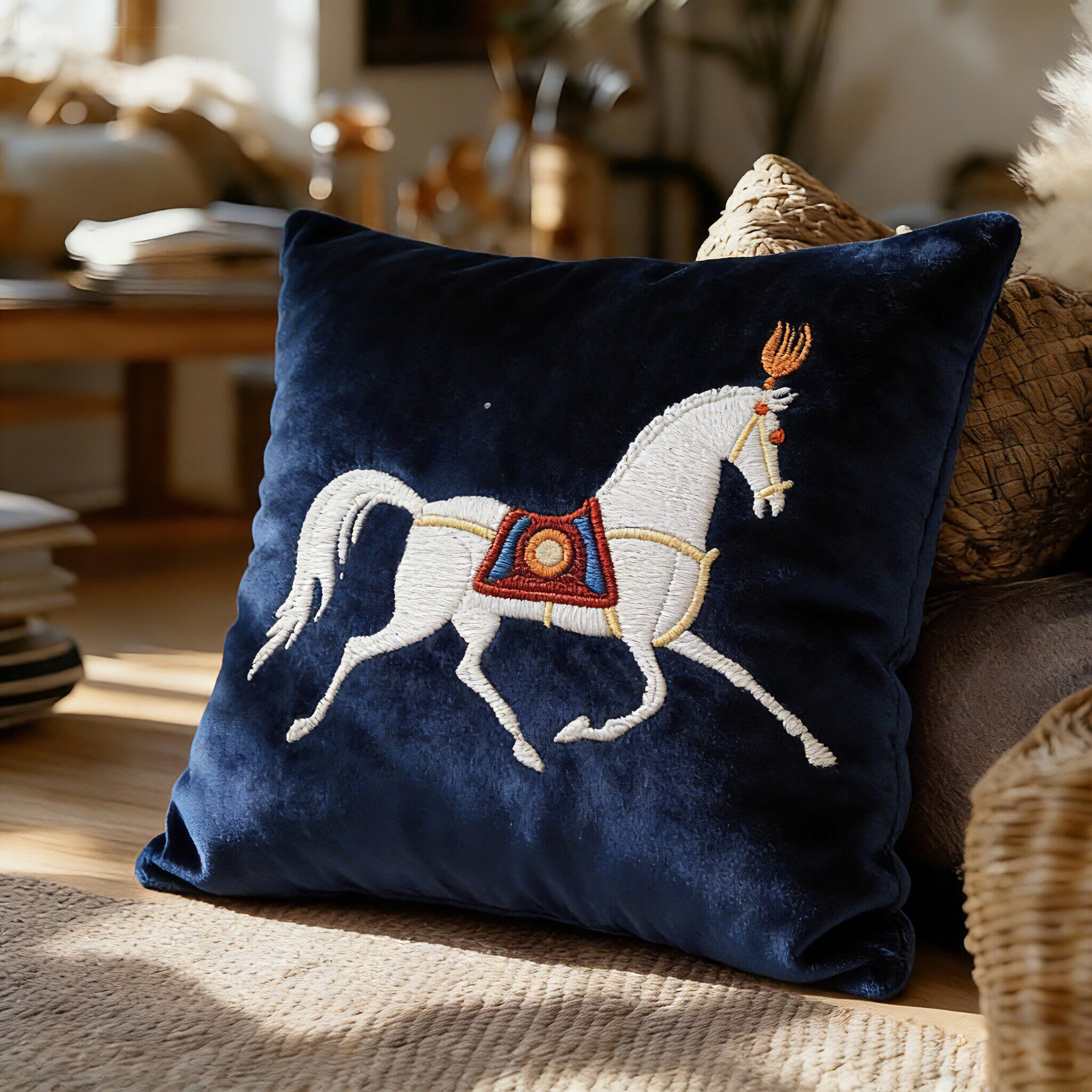 马图案毛绒2026新款刺绣抱枕方枕深蓝色丝绒靠垫客厅卧室装饰高端